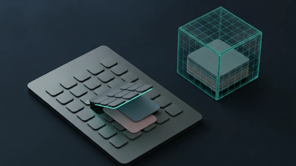 A dark navy surface holding a plain slab with a grid of blank rounded keys, one key tilted up like a small lid with two empty photo tiles sliding out from the cavity beneath it, while a sealed translucent teal vault cube rests beside it wrapped in thin lines of light.
