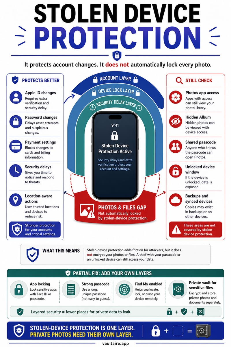 Stolen Device Protection: What It Doesn't Protect — illustrated Vaultaire guide card