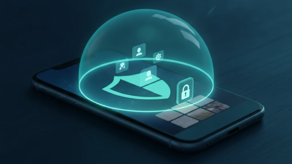 iPhone lockscreen glowing in dim light, a padlock icon over the Photos app, representing stolen device protection and photo security gaps