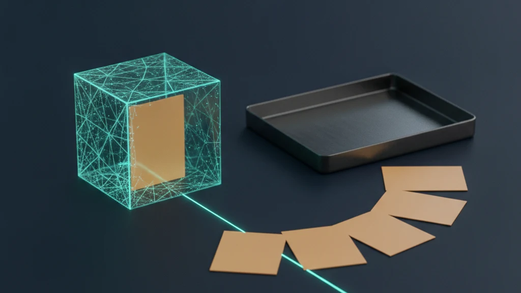 A dark navy surface where one closed translucent teal vault cube holds a single blank photo tile, while a stream of identical blank photo tiles moving toward an open metal tray stops short and falls away before it reaches the tray.