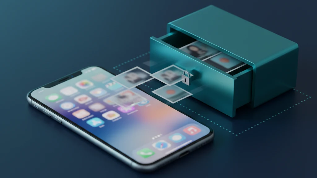 Abstract illustration of an iPhone beside a sealed teal vault, with a few blurred translucent photo cards moving from the camera roll into the locked vault, no readable content.