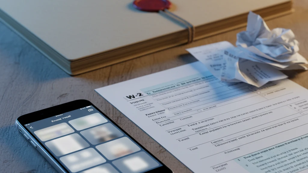 iPhone storing tax documents in an encrypted vault with blank tax forms nearby