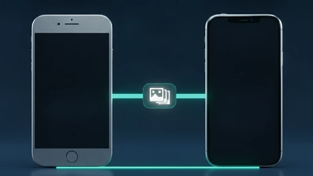 A new iPhone being set up beside an older iPhone, with a locked photo vault app icon carrying its hidden photos across to the new device.