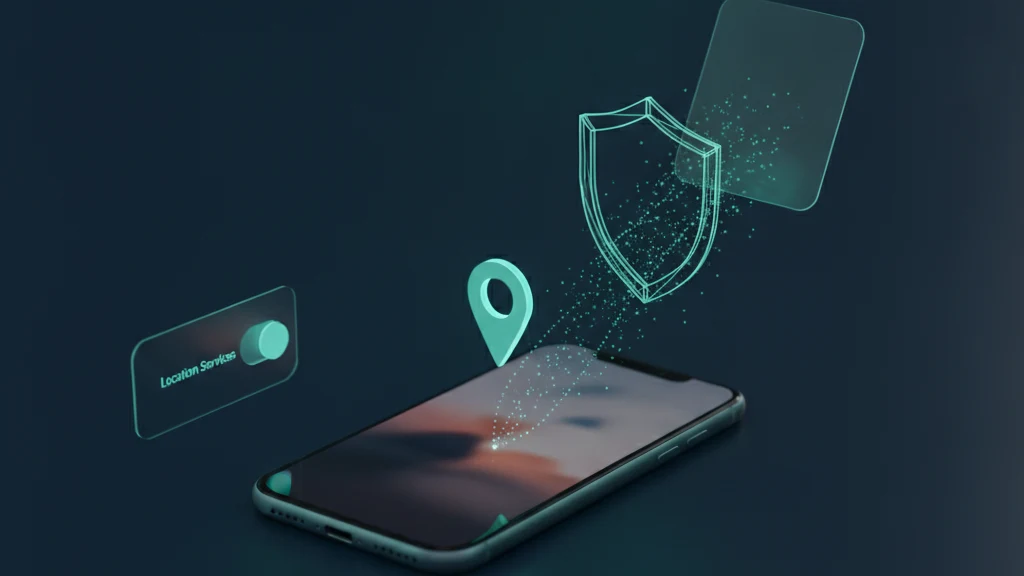 Abstract illustration of an iPhone photo with a glowing GPS pin lifting away from it, a Location Services toggle switching to off, and a shield blocking the pin before the photo is shared.