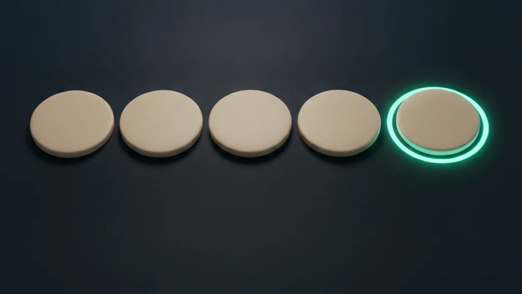 Abstract image of a row of sand colored round tiles set against a deep navy background. The last tile slides back into an empty slot, and a thin teal ring of light surrounds it.