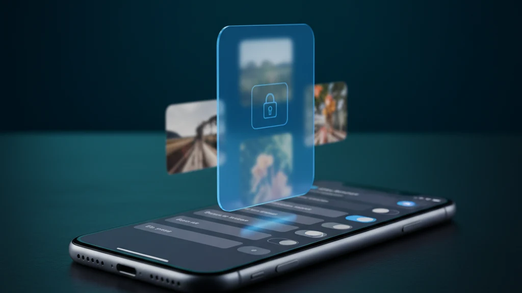 iPhone photo permission settings with private photos behind a glass access gate