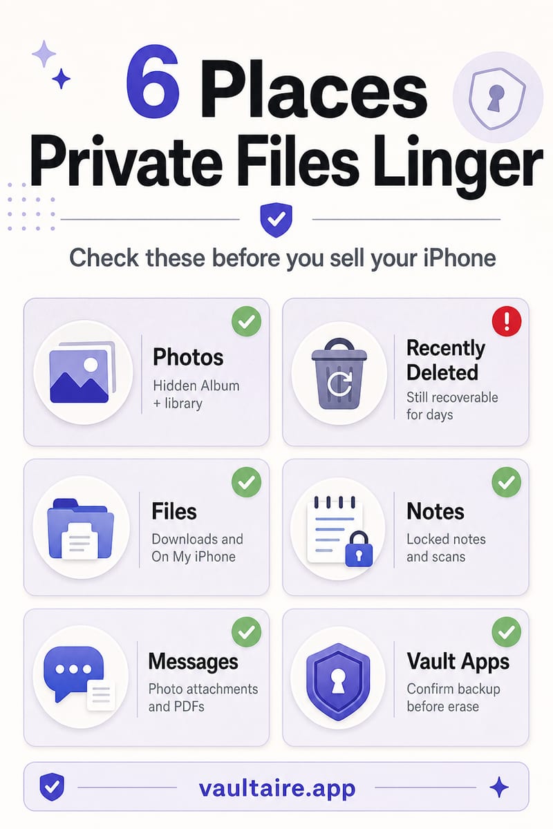 How to Wipe Your iPhone Before a Trade-In — illustrated Vaultaire guide card