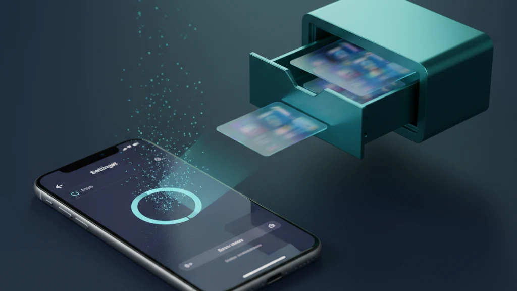An iPhone showing the Erase All Content and Settings screen, next to a separate vault holding the private photos and documents removed before trade-in