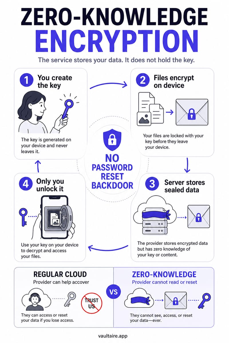 What Is Zero-Knowledge Encryption? A Simple Guide — illustrated Vaultaire guide card