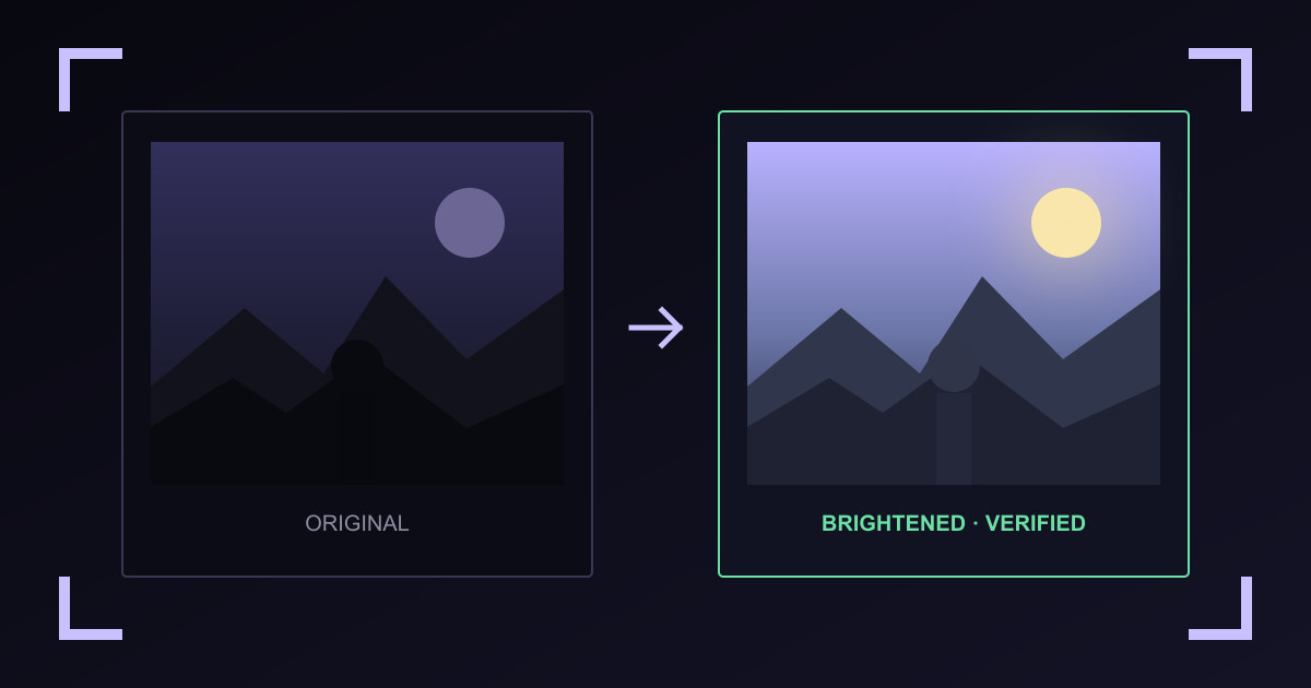 A dark photograph beside a brighter verified copy inside a browser